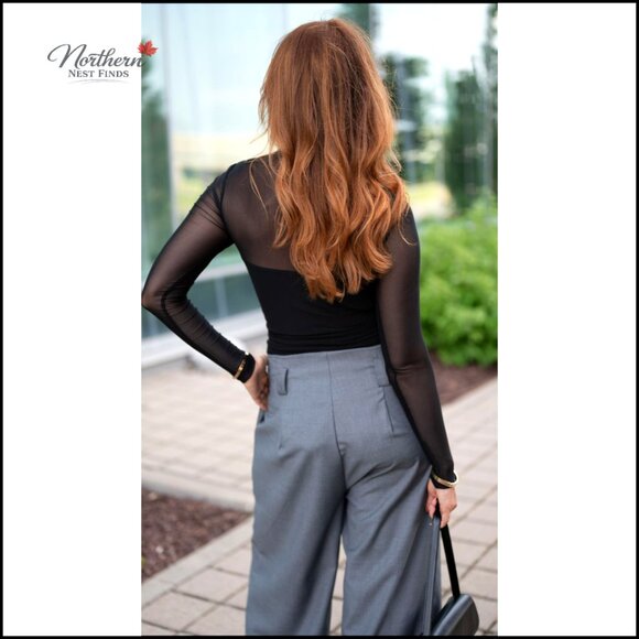 Sheer Mesh Mock Turtleneck Long Sleeve Blouse Ruching Trendy Going Out Top - Picture 6 of 7